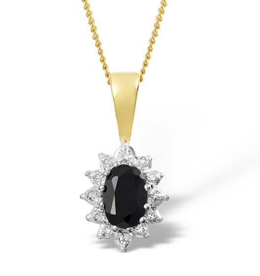 Sapphire 6 x 4mm And Diamond 9K Yellow Gold Pendant Necklace